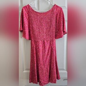 Free People Sundress Medium Pink Floral Smocked Top Flutter Sleeves Lace Up Back
